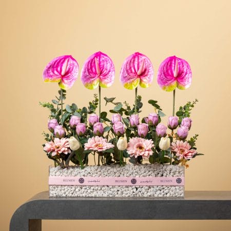 مزهرية زجاجية مستطيلة مليئة بالحصى البيضاء، تحتوي على أزهار أنتوريوم وردية مع خضار في الأعلى وصفوف من ورود وردية فاتحة وجربيرا وردية وتوليب أبيض مع خضار طبيعي وشريط وردي من بلومن أمام خلفية بيج.