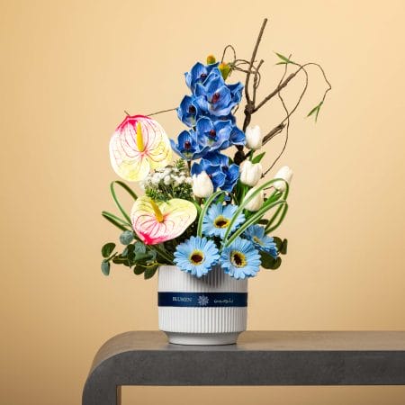 وعاء أبيض مخطط مزين بشريط كحلي من بلومن، يحتوي على أوركيد أزرق وجرابيرا زرقاء فاتحة وتوليب أبيض وأنثوريوم بلونين أصفر وزهري مع خضار طبيعي وأغصان فنية أمام خلفية بيج.