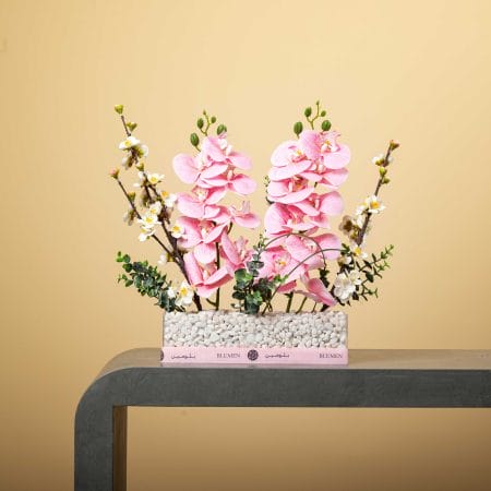 تنسيق من أوركيد وردية مع أزهار بيضاء وخضار في قاعدة مستطيلة منخفضة مليئة بالحصى البيضاء على خلفية بيج