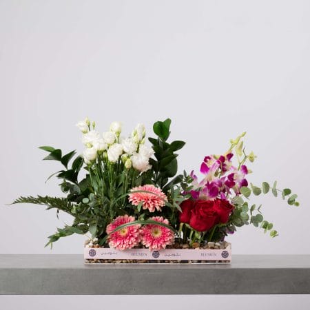 صينية زجاجية مستطيلة مليئة بالحصى وملفوفة بشريط وردي من بلومن، منسقة بزهور الليزيانثس البيضاء والجربيرا الوردية والورود الحمراء وأوركيد بنفسجي مع أوكالبتوس وخضار كثيف أمام خلفية رمادية فاتحة.