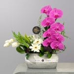 A sophisticated floral arrangement featuring cascading pink orchids, white tulips, gerbera daisies, and greenery in an elegant decorative container.