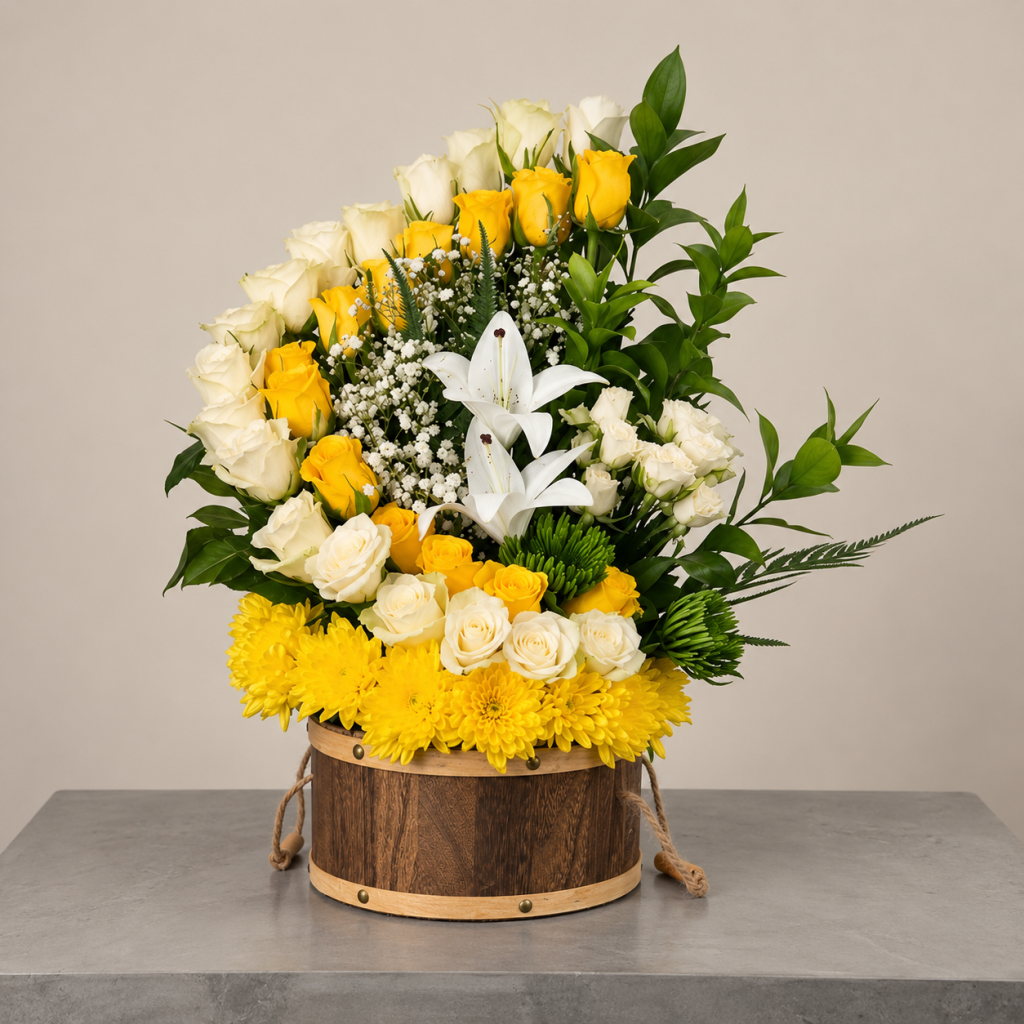 A luxurious floral arrangement featuring white roses, yellow roses, white lilies, and seasonal blooms arranged in a rustic wooden container.