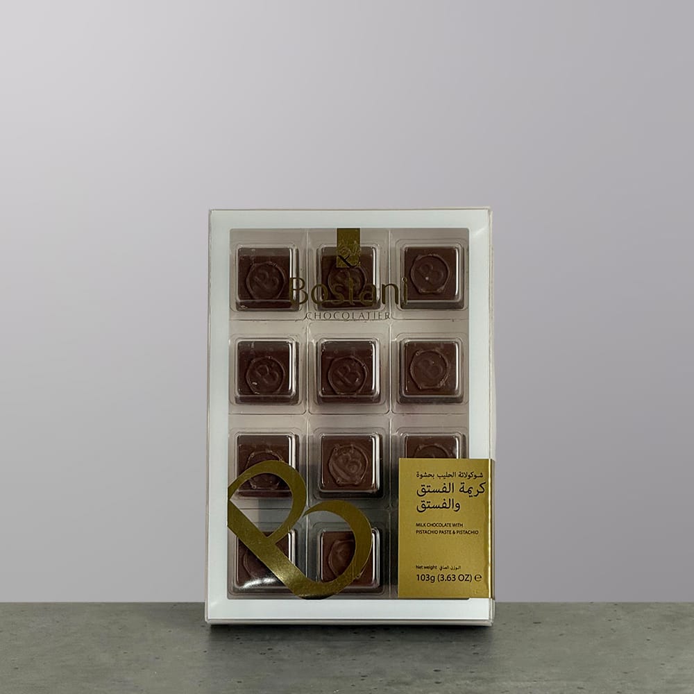 A chocolate box of 12 pieces made by Bostani.