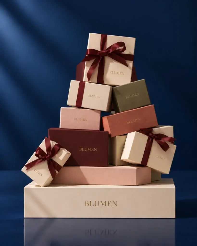 Giftboxes with BLUMEN logo stacked on top of one another with a blue background.