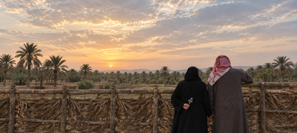 رجل و امرأة يتأملان غروب الشمس في منطقة ريفية