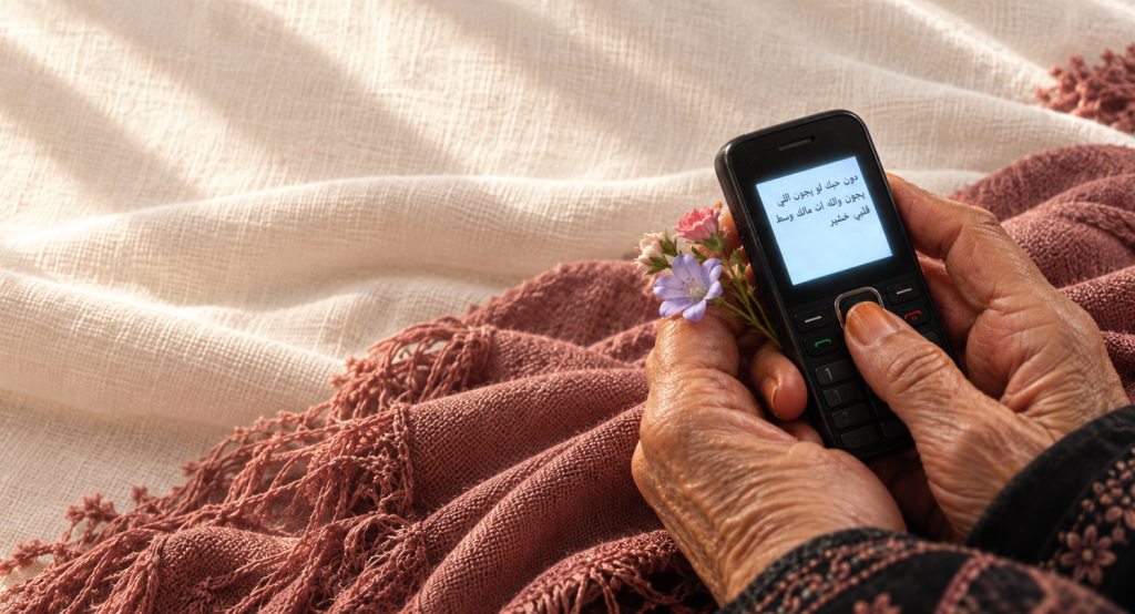 An elderly woman holding a mobile phone displaying a heartfelt Arabic message, with a small bouquet of flowers beside her on a cozy blanket.
