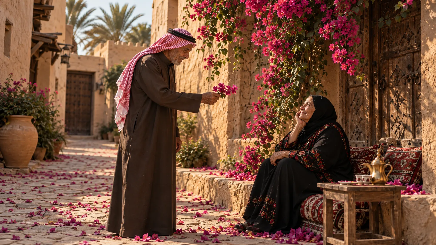 A man gifting flowers to a woman sat on the stairs of an old Arabic home.