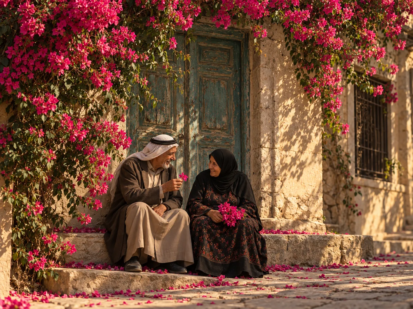 A man gifting flowers to a woman on the stairs of an old Arabic home.