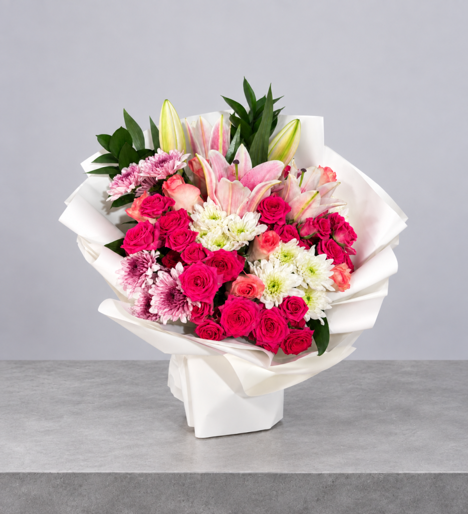 The Lily Muse luxury bouquet featuring pink lilies, vibrant fuchsia roses, blush pink roses, white chrysanthemums and soft lavender blooms, elegantly wrapped in ivory paper by Blumen.