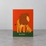 An orange and green card holder with the image of a lion and its cub.